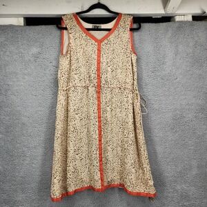 Erum Khan Medium Sleeveless Dress Beige Brown Print Coral‎ Trim Drawstring Waist